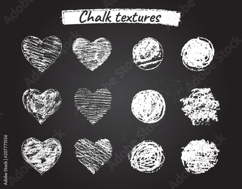 Set of chalk grunge textured hearts and stains. Design elements. Vector background. Isolated on white background. Round frames.