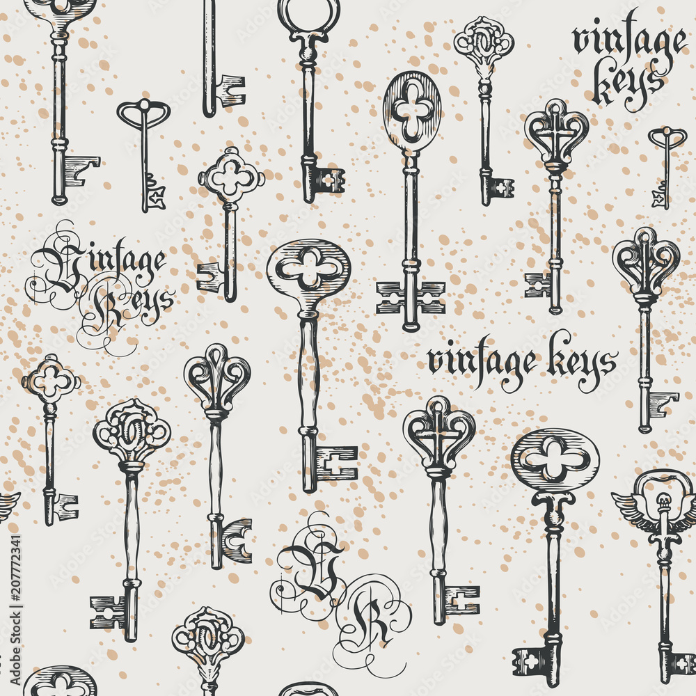 Vector seamless pattern with vintage keys in retro style with spots ...