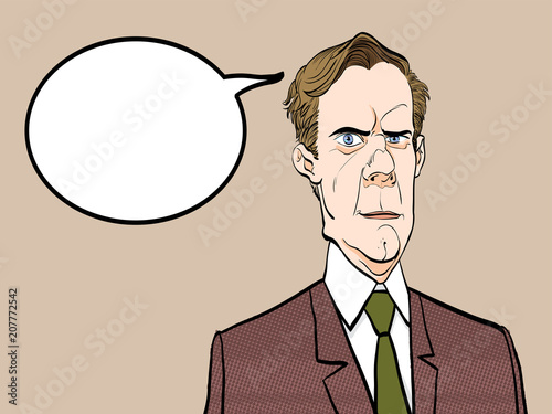 Portrait of sad man. Sadness. Surprised man. Concept idea of advertisement and promo. Pop art retro style illustration. People in retro style. Halftone background.