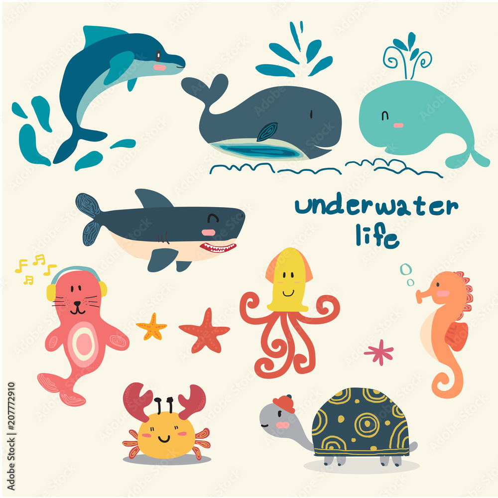 set of animal under sea life, starfish, turtle, octopus, seahorse, crab