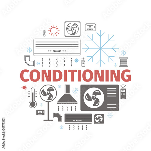 Ventilation and conditioning banner. Climate control icon set. Vector illustration.