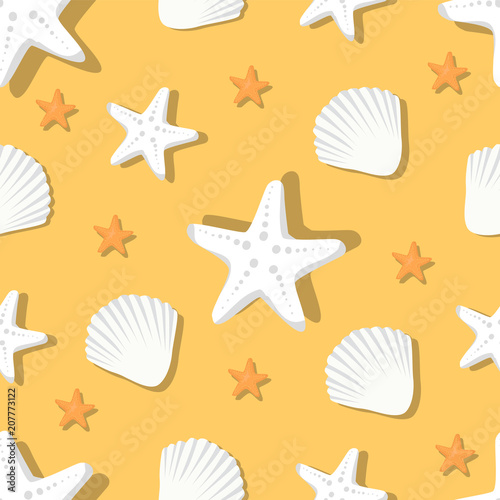 Seamless Pattern with Marine Shells and Starfish