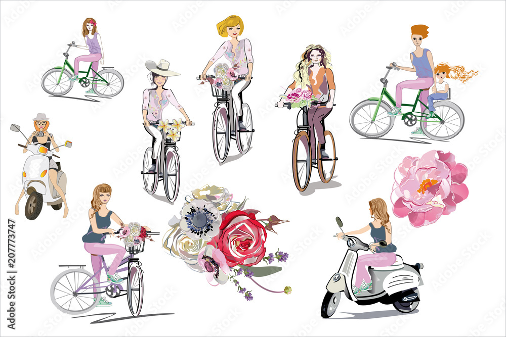Obraz premium Beatiful fashion women on the bicycle with flowers. Hand drawn vector illustration.