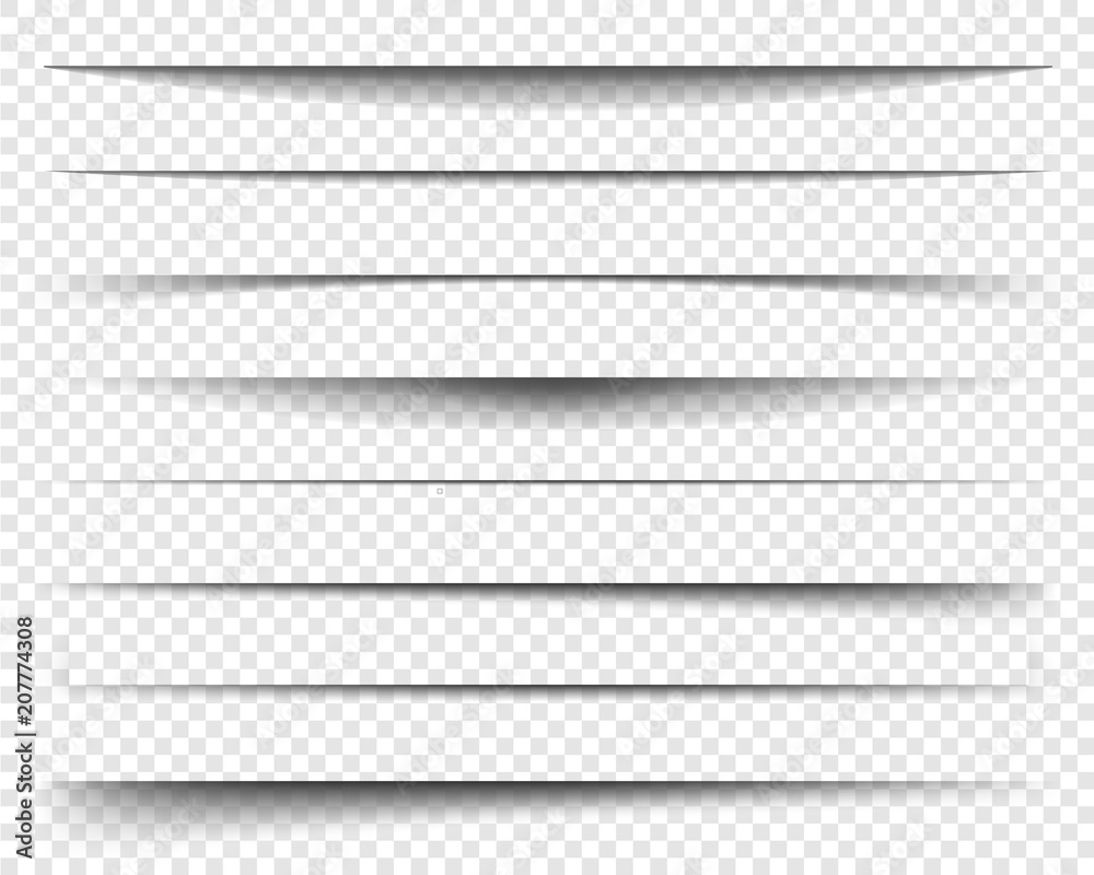 Page dividers with transparent shadows, isolated. Pages separation vector set. Transparent realistic paper shadow effects. Web banner. Element for frame shadow. Vector design for website, text, border