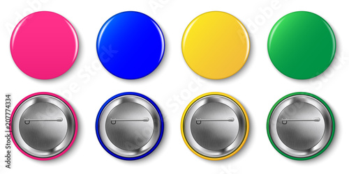 Pin button vector set. Pink, magenta, yellow, green, blue circle pin buttons isolated on white background. Round glossy metal tag, badge, mockup, brooch collection.