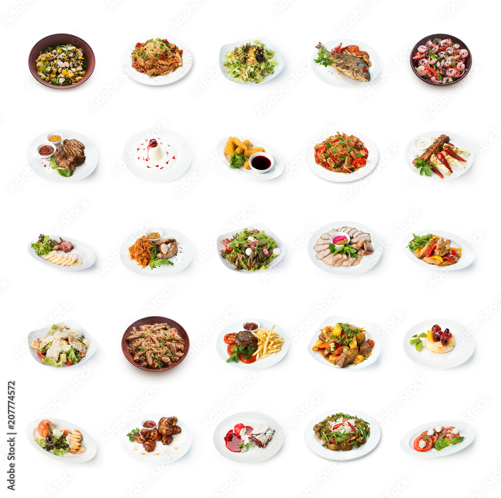Collage of restaurant dishes isolated on white Collage of restaurant dishes isolated on white