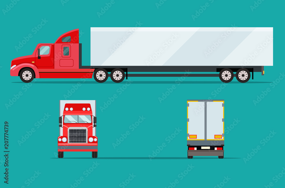 Big truck with trailer. Front, side and behind view. Vector flat illustration
