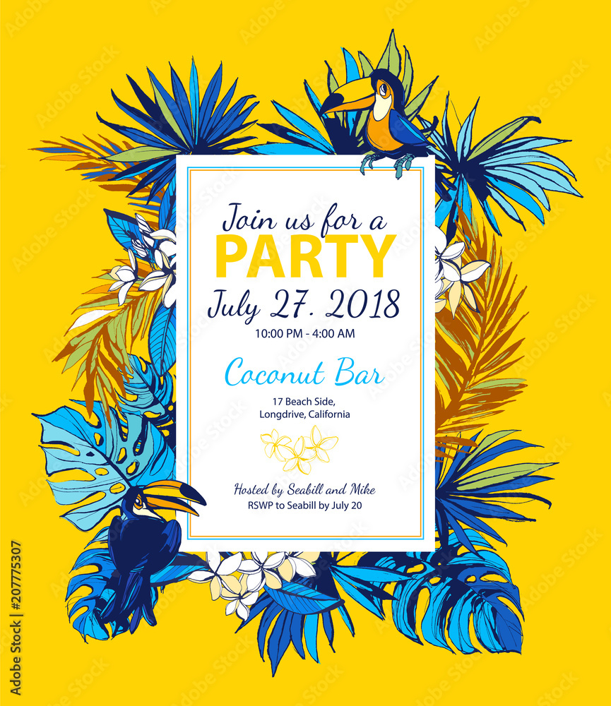Vector illustration Tropical floral summer party poster with palm beach ...