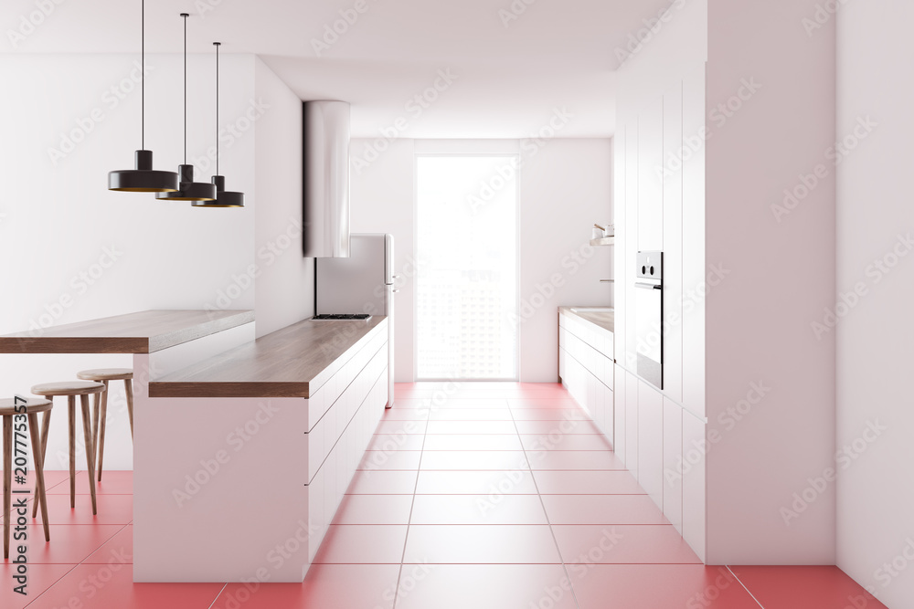 Fototapeta premium White countertops in a pink floor kitchen, side