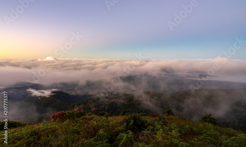 foggy morning at kew mae pan hill and sunrise sky