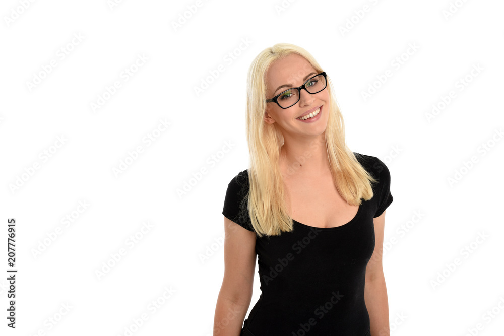 portrait of pretty blonde girl wearing glasses and black shirt. isolated on white background. portrait of pretty blonde girl wearing glasses and black shirt. isolated on white background.