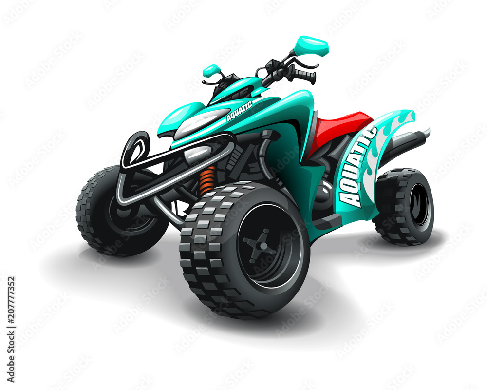 Turquoise colour quad bike, with Aquatic inscription, on white background. Turquoise colour quad bike, with Aquatic inscription, on white background.