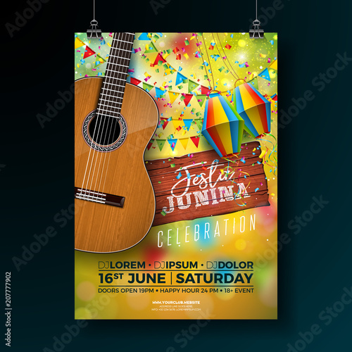 Festa Junina Party Flyer Illustration with Typography Design on Vintage Wood Board and Acoustic Guitar. Flags and Paper Lantern on Yellow Background. Vector Brazil June Festival Design for Invitation