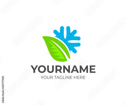 Snowflake and leaf, natural fresh products, logo template. Organic and frozen food, vector design, illustration