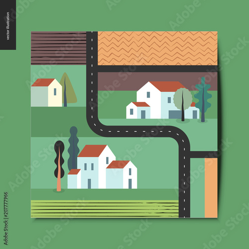 Simple things - top view, satellite shoot of a out-of-town street with detached country houses, trees, fields and plowed fields around, and asphalt black road, summer postcard, vector illustration