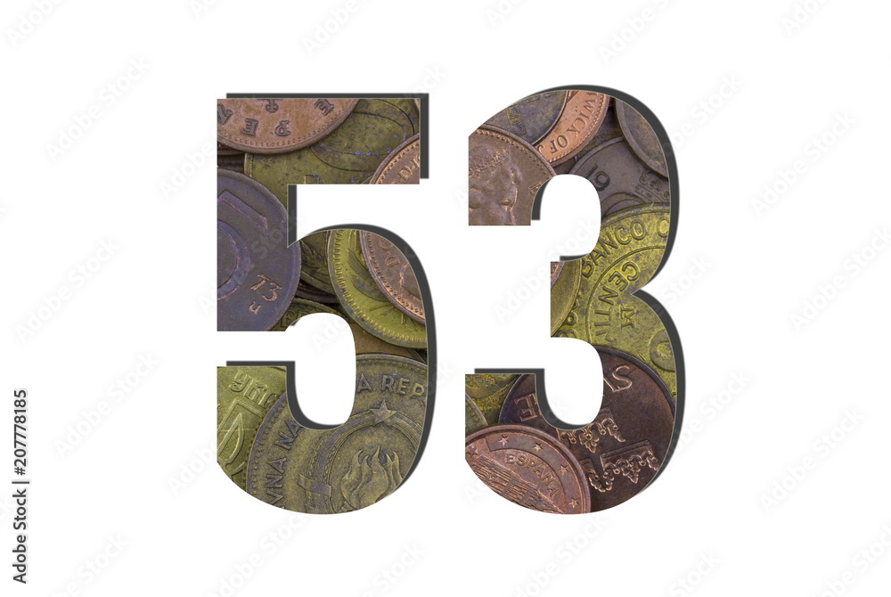 53 Number. Different worlds coins texture. Percent and Discount theme. White isolated 53 Number. Different worlds coins texture. Percent and Discount theme. White isolated