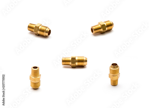Hardware parts brass fitting: 45° flare male joiner connector for air oil water gas on white background