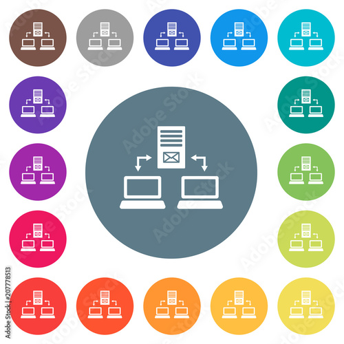 Multiple connections to mail server flat white icons on round color backgrounds