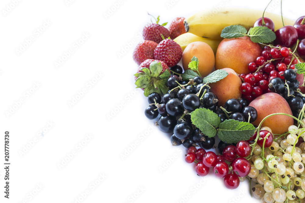 Mix fruits berries on white background. Ripe black, red, white currants, strawberries and apricots. Sweet and juicy fruits with copy space for text. Top view. Mix fruits berries on white background. Ripe black, red, white currants, strawberries and apricots. Sweet and juicy fruits with copy space for text. Top view.