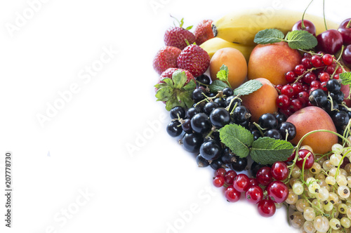 Fototapeta Naklejka Na Ścianę i Meble -  Mix fruits berries on white background. Ripe black, red, white currants, strawberries and apricots. Sweet and juicy fruits with copy space for text. Top view.