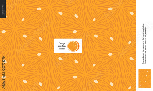 Food patterns - fruit, orange texture - a seamless pattern of the orange pulp full of white seeds on the orange background