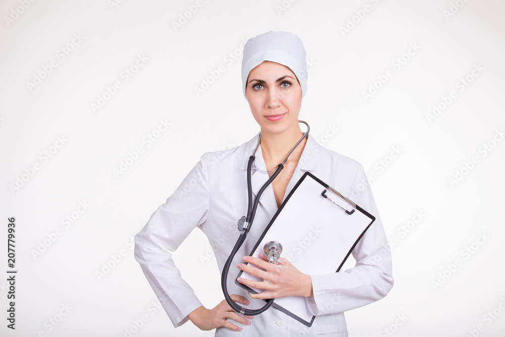 Portrait of a friendly female doctor isolated on white Portrait of a friendly female doctor isolated on white