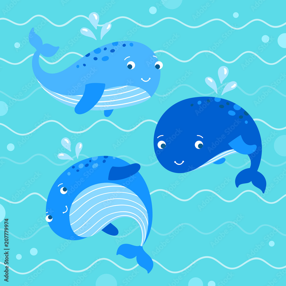Cute whales illustration. Whales swimming in the ocean. Sea creatures cute fishes Cute whales illustration. Whales swimming in the ocean. Sea creatures cute fishes