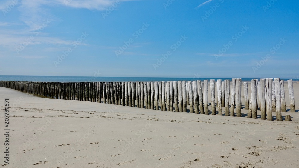 Wellenbrecher aus verwitterten Holzbstämmen an der Nordsee