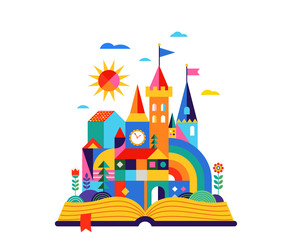 Poster Sprookjeswereld Sprookjesboek met ridder en kasteel  © Marina Zlochin