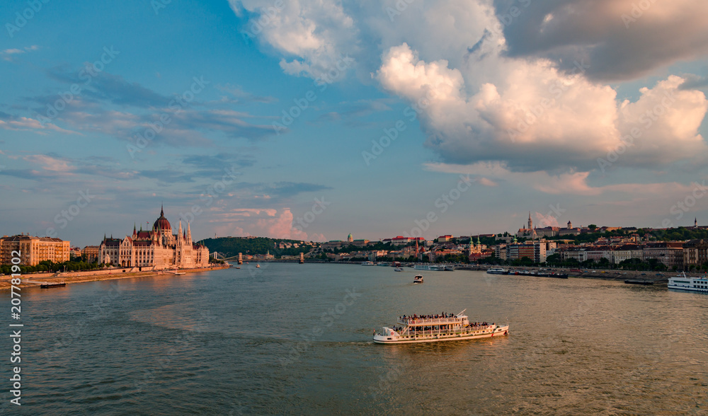 sunset city view of Budapest from Margaret bridge in Hungarian summer 