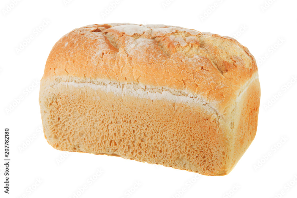 Close-up of crusty white farmhouse bread isolated on a white background Close-up of crusty white farmhouse bread isolated on a white background
