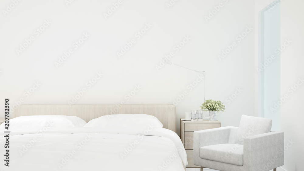 White bedroom and living area in hotel or home - Interior simple design on white tone for artwork bedroom - 3D Rendering