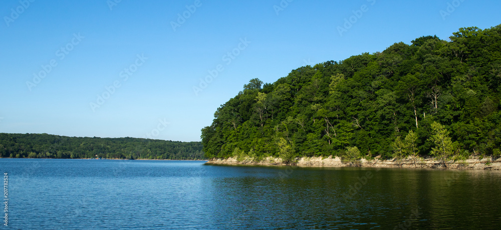 Lake shore surrounded by trees and forest