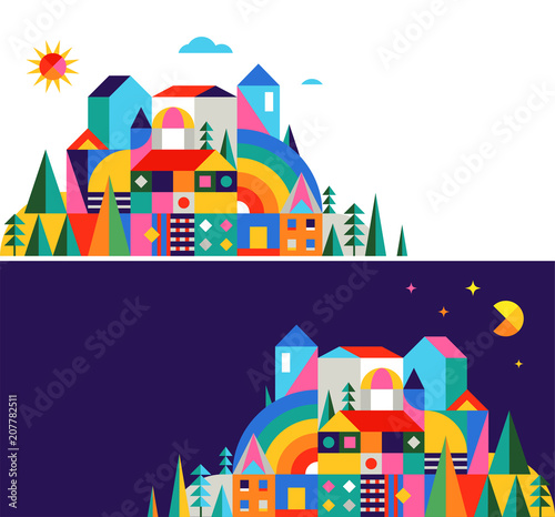 Geometric fairy tale kingdom, knight castle. Children room, class wall decoration