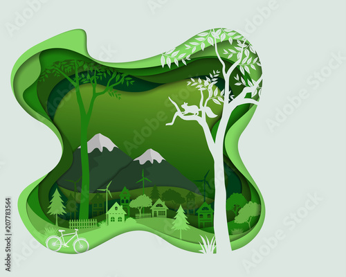 Eco friendly save the environment conservation concept,Countryside silhouette in green color landscape,Abstract paper art scene in depth layer background