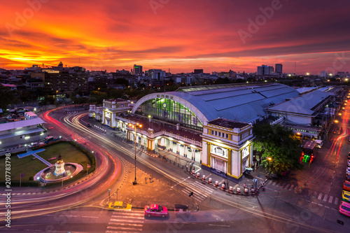 Bangkok cityscape at sunset. Bangkok Station in English.Hua Lamphong is the informal name of the station  used by both foreign travellers and locals.