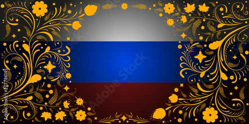 Russian flag with Russian folk pattern. Illustration for background.