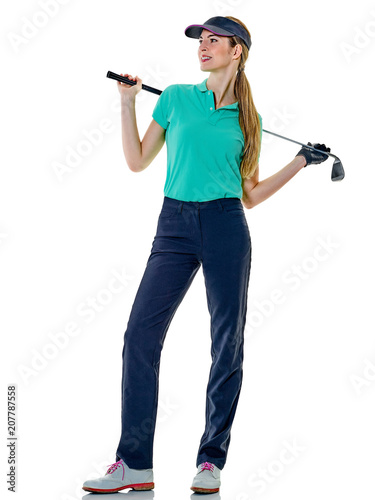 one caucasian woman woman golfer golfing in studio isolated on white background