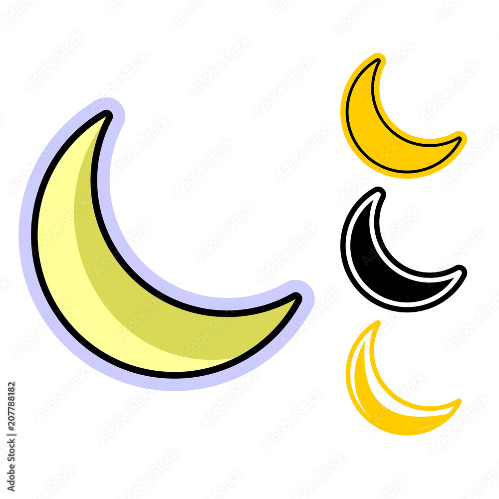 Simple flat icon of the half moon in several variations. Cartoon vector  illustration of a lunar