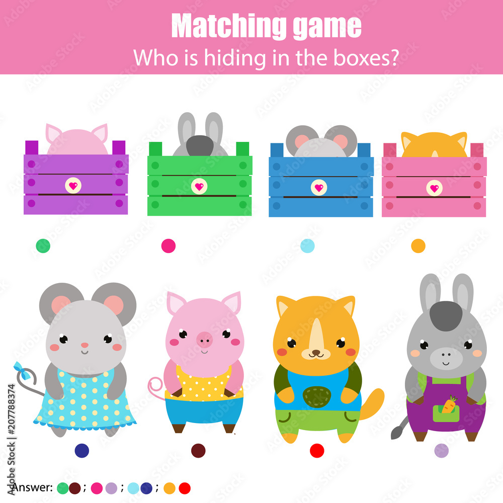 Educational game for children, kids activity. Match animals with box. Fun for toddlers Educational game for children, kids activity. Match animals with box. Fun for toddlers