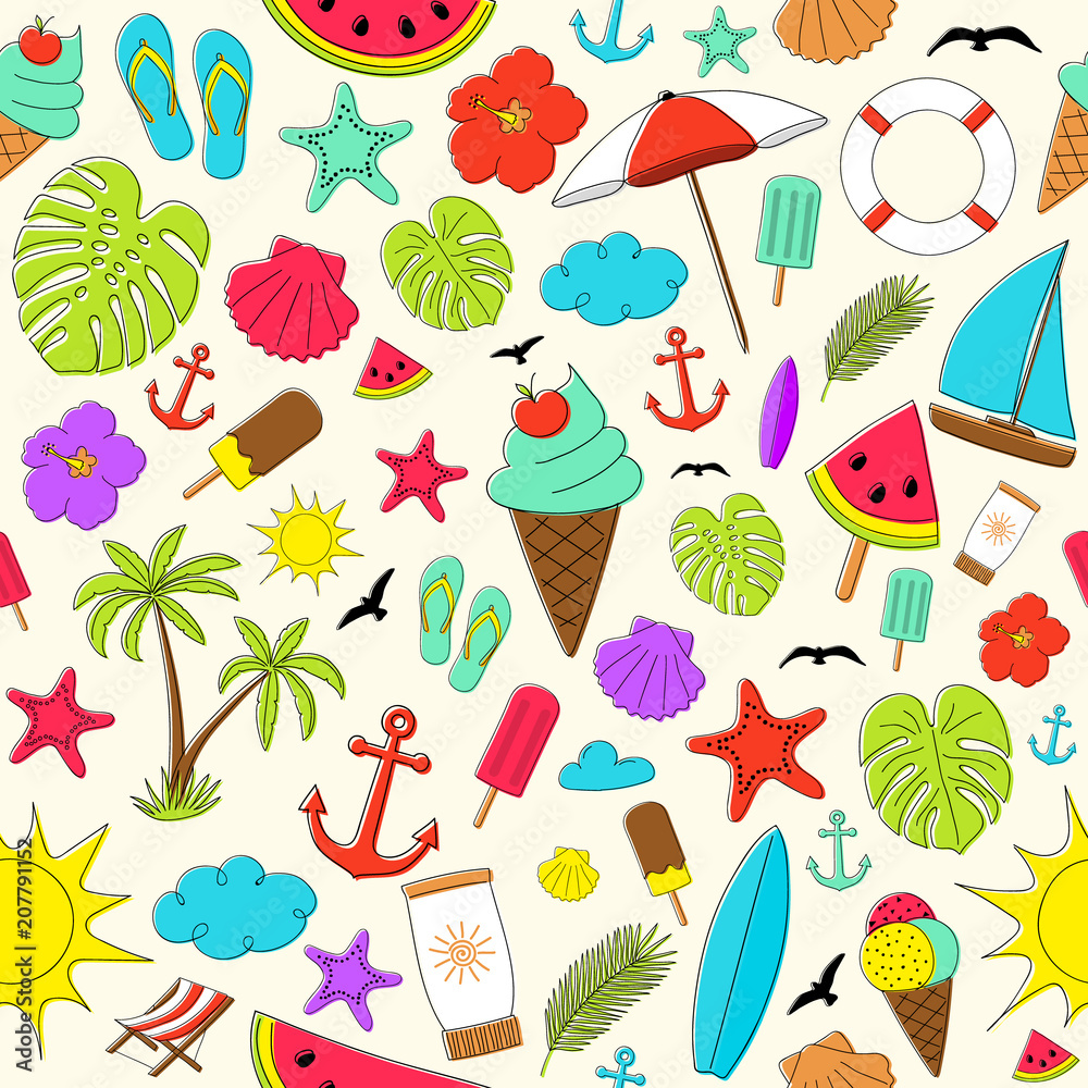 Summer - colourful pattern with cute hand drawn elements. Vector.