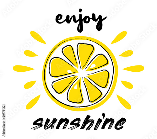 Juicy lemon. Summer poster - hand drawn icon with funny text. Vector.