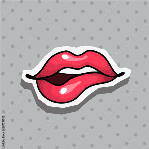 Fashion patch badge with sexy biting lips pop art style sticker with dot background