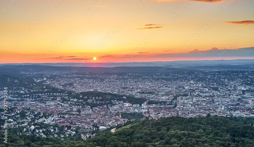 Sunset over Stuttgart City in Germany / View from the first TV Tower in the world