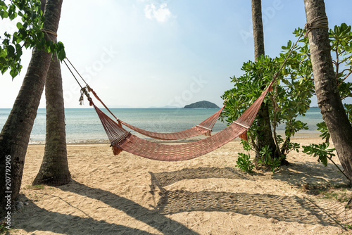 Hammock in the shadow of the palm on the tropical beach with sea and blue sky background.
