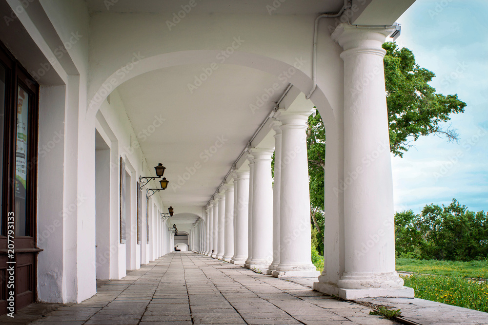  Long gallery corridor built in classical style, perspective in architecture.