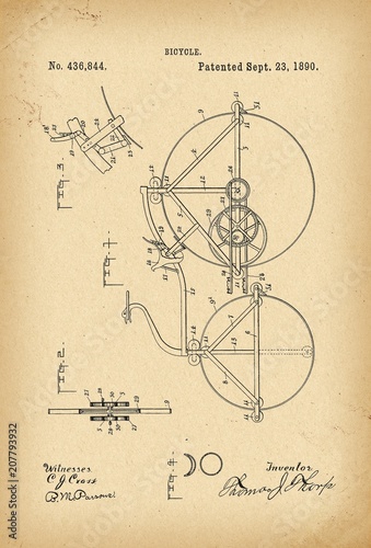 1890 Patent Velocipede Bicycle history invention photo