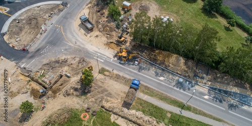 Aerial view on road word. Roundabout construction