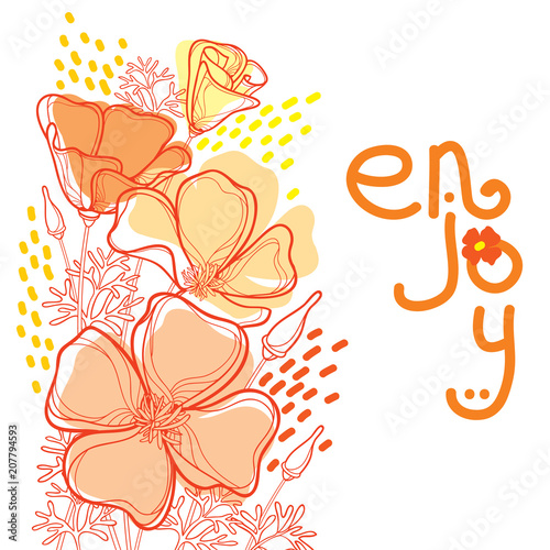 Vector corner bouquet of outline orange California poppy flower or California sunlight or Eschscholzia, leaf and bud isolated on white background. Ornate contour poppies for enjoy summer design.