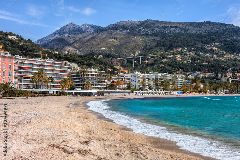 Beach and Sea in Menton Town on French Riviera in France